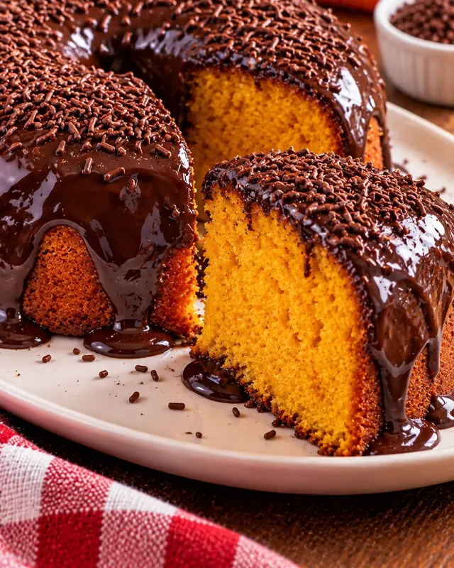 Bolo de cenoura com cobertura de chocolate escorrendo e granulado, com uma fatia cortada